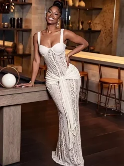 Party Dress Maxi White Neck Lace Spaghetti Strap Corset Bodycon Mermaid Dress
