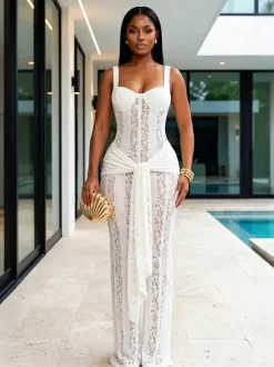 Party Dress Maxi White Neck Lace Spaghetti Strap Corset Bodycon Mermaid Dress