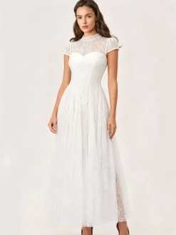 Party Dress Maxi White Stand Collar Short Sleeves Flared Sleeves Retro Semi Formal Dress