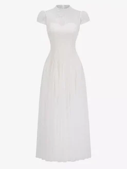 Party Dress Maxi White Stand Collar Short Sleeves Flared Sleeves Retro Semi Formal Dress
