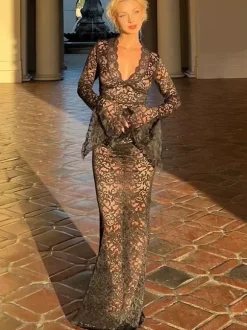 Party Dress Maxi White V-Neck Lace Long Sleeves Sheer Sexy Semi Formal Dress
