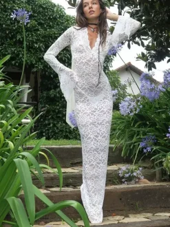 Party Dress Maxi White V-Neck Lace Long Sleeves Sheer Sexy Semi Formal Dress