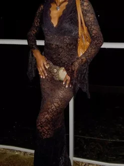 Party Dress Maxi White V-Neck Lace Long Sleeves Sheer Sexy Semi Formal Dress