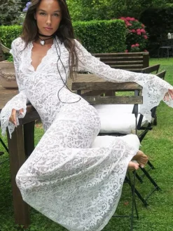 Party Dress Maxi White V-Neck Lace Long Sleeves Sheer Sexy Semi Formal Dress