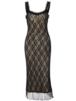 Party Dress Midi Black Straps Neck Lace Floral Print Backless Chic Semi Formal Dress