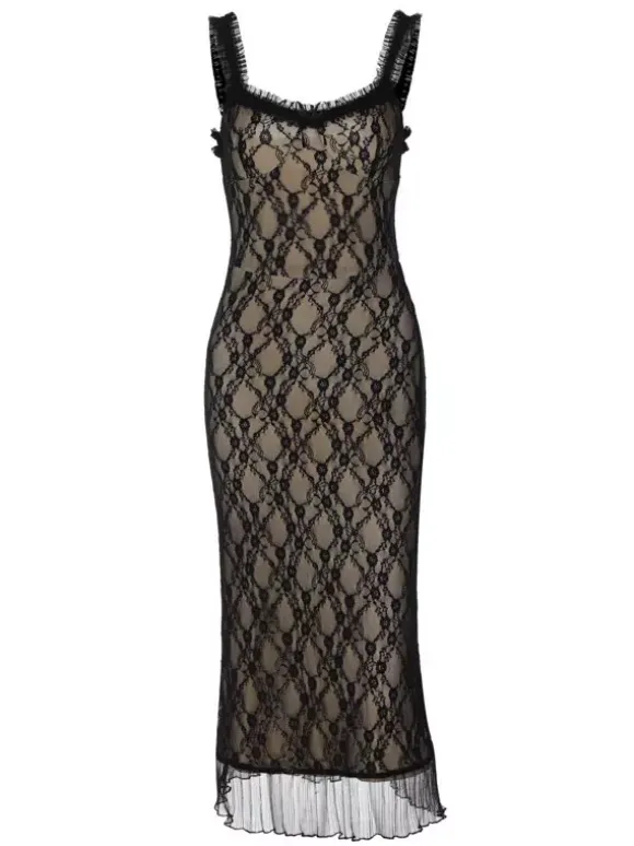 Party Dress Midi Black Straps Neck Lace Floral Print Backless Chic Semi Formal Dress