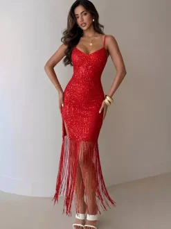 Party Dress Midi Burgundy V-Neck Fringe Sleeveless Backless Sexy Semi Formal Dress