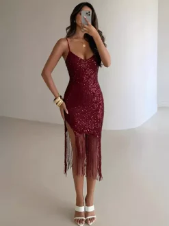 Party Dress Midi Burgundy V-Neck Fringe Sleeveless Backless Sexy Semi Formal Dress
