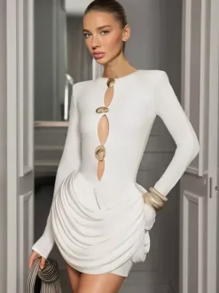 Party Dress Mini Black Jewel Neck Cut Out Long Sleeves Clothes Sexy Semi Formal Dress