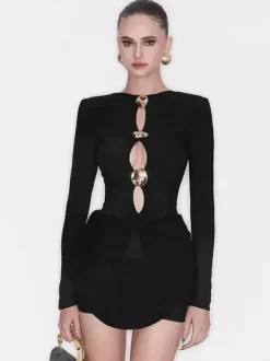 Party Dress Mini Black Jewel Neck Cut Out Long Sleeves Clothes Sexy Semi Formal Dress