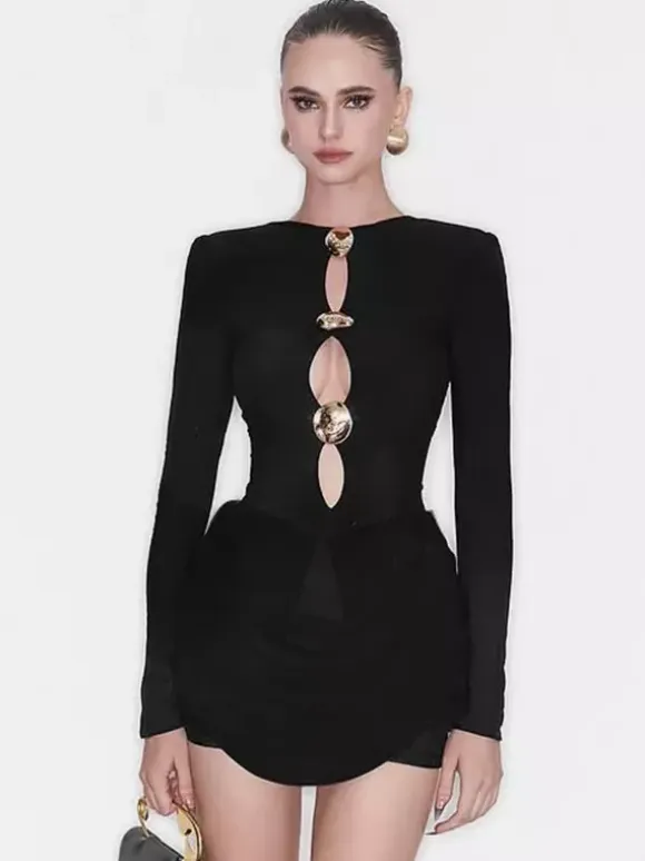 Party Dress Mini Black Jewel Neck Cut Out Long Sleeves Clothes Sexy Semi Formal Dress