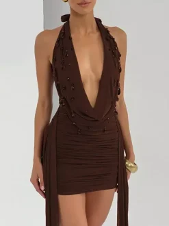 Party Dress Mini Black V-Neck Lace Up Sleeveless Backless Sexy Semi Formal Dress