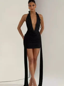 Party Dress Mini Black V-Neck Lace Up Sleeveless Backless Sexy Semi Formal Dress