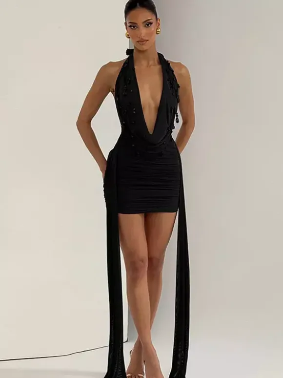 Party Dress Mini Black V-Neck Lace Up Sleeveless Backless Sexy Semi Formal Dress