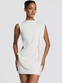 Party Dress Mini Brown Jewel Neck Pleated Sleeveless Backless Sexy Semi Formal Dress