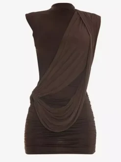 Party Dress Mini Brown Jewel Neck Pleated Sleeveless Backless Sexy Semi Formal Dress