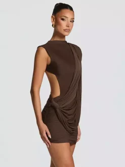 Party Dress Mini Brown Jewel Neck Pleated Sleeveless Backless Sexy Semi Formal Dress