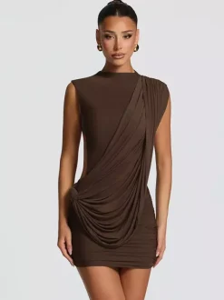 Party Dress Mini Brown Jewel Neck Pleated Sleeveless Backless Sexy Semi Formal Dress
