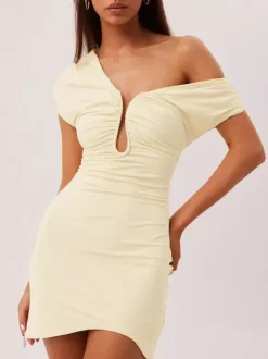 Party Dress Mini Brown One-Shoulder Pleated Backless Sexy Semi Formal Dress