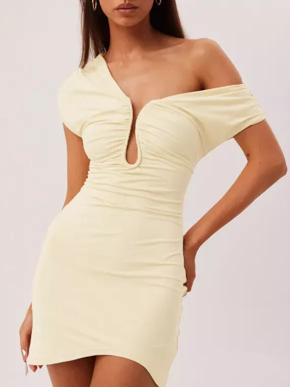 Party Dress Mini Brown One-Shoulder Pleated Backless Sexy Semi Formal Dress