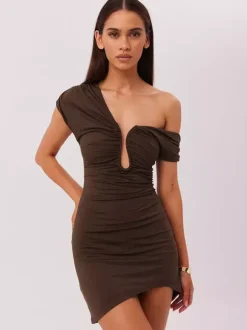 Party Dress Mini Brown One-Shoulder Pleated Backless Sexy Semi Formal Dress