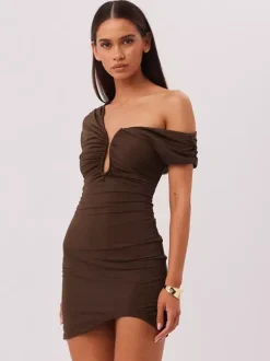 Party Dress Mini Brown One-Shoulder Pleated Backless Sexy Semi Formal Dress
