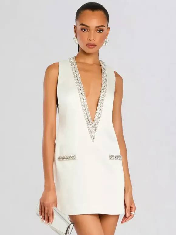 Party Dress Mini Dark Navy V-Neck Rhinestones Sleeveless Sexy Semi Formal Dress