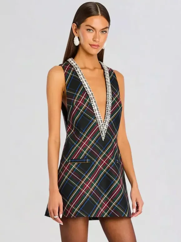 Party Dress Mini Dark Navy V-Neck Rhinestones Sleeveless Sexy Semi Formal Dress