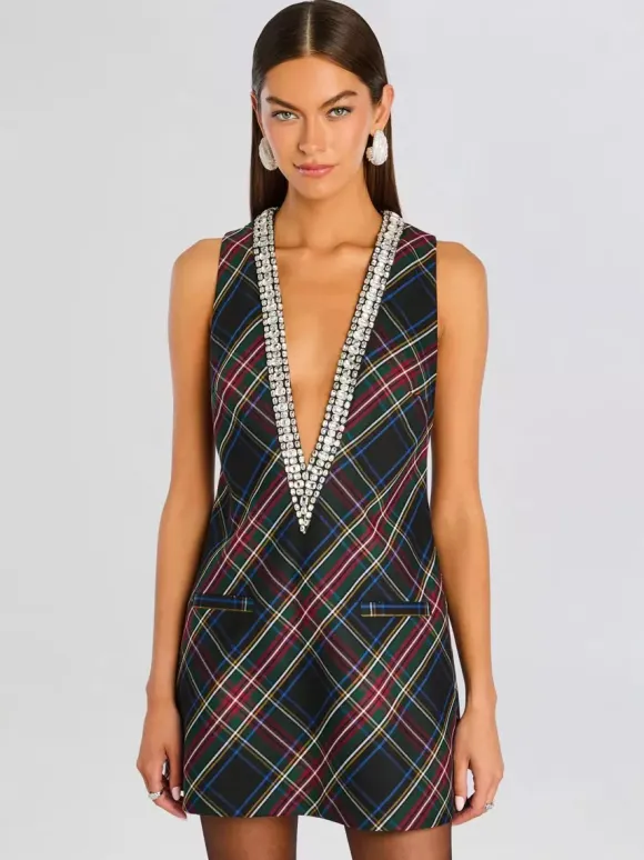 Party Dress Mini Dark Navy V-Neck Rhinestones Sleeveless Sexy Semi Formal Dress