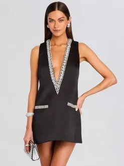 Party Dress Mini Dark Navy V-Neck Rhinestones Sleeveless Sexy Semi Formal Dress
