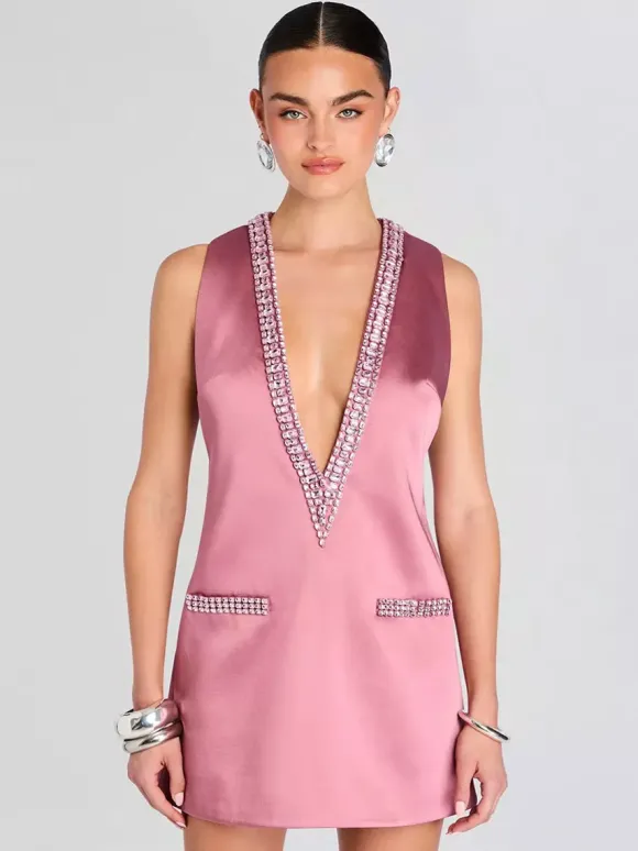 Party Dress Mini Dark Navy V-Neck Rhinestones Sleeveless Sexy Semi Formal Dress