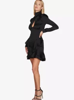 Party Dress Mini Green Stand Collar Ruffles Long Sleeves Shaping Sexy Semi Formal Dress