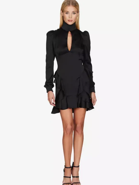 Party Dress Mini Green Stand Collar Ruffles Long Sleeves Shaping Sexy Semi Formal Dress