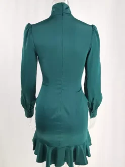 Party Dress Mini Green Stand Collar Ruffles Long Sleeves Shaping Sexy Semi Formal Dress