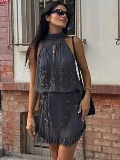 Party Dress Mini Halter Lace Up Sleeveless Clothes Sexy Semi Formal Dress