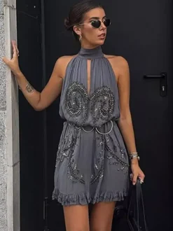 Party Dress Mini Halter Lace Up Sleeveless Clothes Sexy Semi Formal Dress