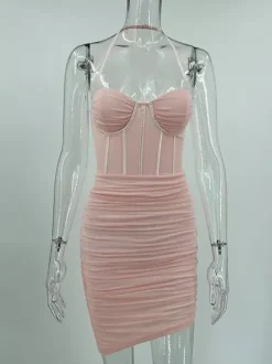 Party Dress Mini Pink Straps Neck Sleeveless Shaping Sexy Semi Formal Dress