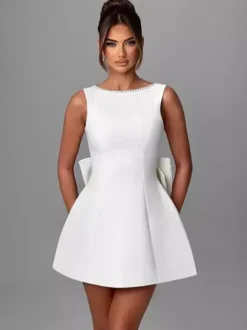 Party Dress Mini White Jewel Neck Pearls Sleeveless Backless Sexy Semi Formal Dress