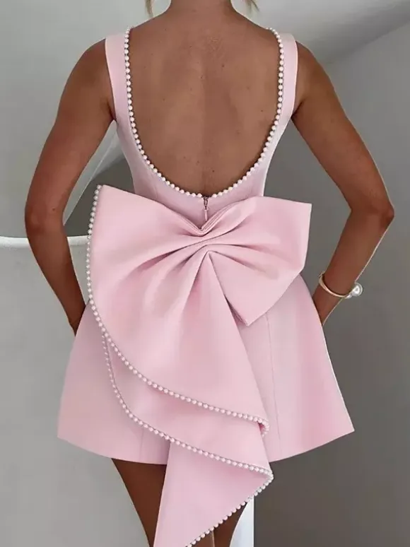 Party Dress Mini White Jewel Neck Pearls Sleeveless Backless Sexy Semi Formal Dress