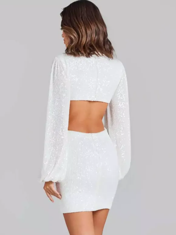 Party Dress Mini White V-Neck Sequins Long Sleeves Cross Front Puff Sleeves Casual Semi Formal Dress