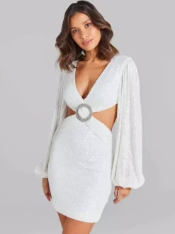 Party Dress Mini White V-Neck Sequins Long Sleeves Cross Front Puff Sleeves Casual Semi Formal Dress