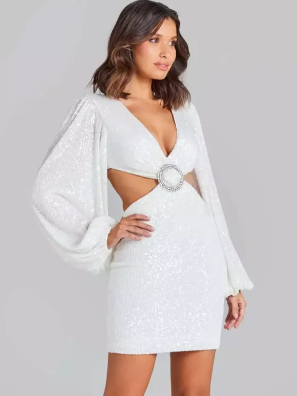 Party Dress Mini White V-Neck Sequins Long Sleeves Cross Front Puff Sleeves Casual Semi Formal Dress