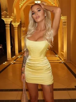 Party Dress Mini Yellow Strapless Sexy Semi Corset Satin Bodycon Formal Night Club Dress