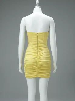 Party Dress Mini Yellow Strapless Sexy Semi Corset Satin Bodycon Formal Night Club Dress