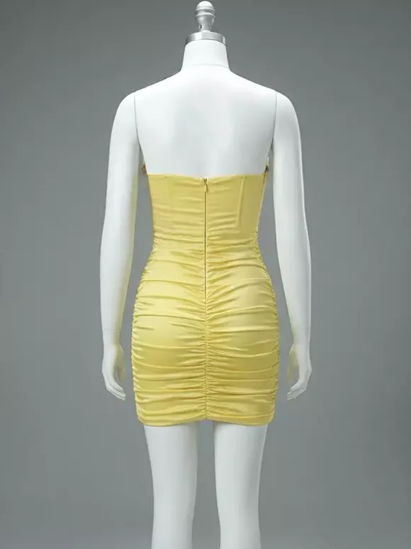 Party Dress Mini Yellow Strapless Sexy Semi Corset Satin Bodycon Formal Night Club Dress