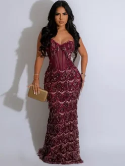 Party Dress Red Straps Neck Sequins Sleeveless Open Shoulder Chic Semi Formal Dress