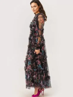 Party Dress Ruffles Layered Illusion Sleeves Elegant Folklore Long Dress