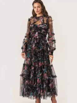 Party Dress Ruffles Layered Illusion Sleeves Elegant Folklore Long Dress