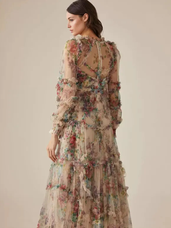 Party Dress Ruffles Layered Illusion Sleeves Elegant Folklore Long Dress