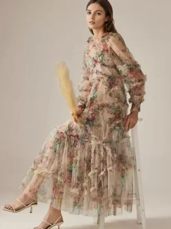 Party Dress Ruffles Layered Illusion Sleeves Elegant Folklore Long Dress